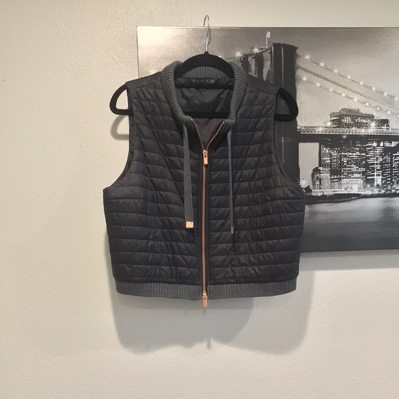 Athleta Black Quilted Tings Puffer Vest Rose Hardware & Knit Wool Trim - Picture 3 of 8